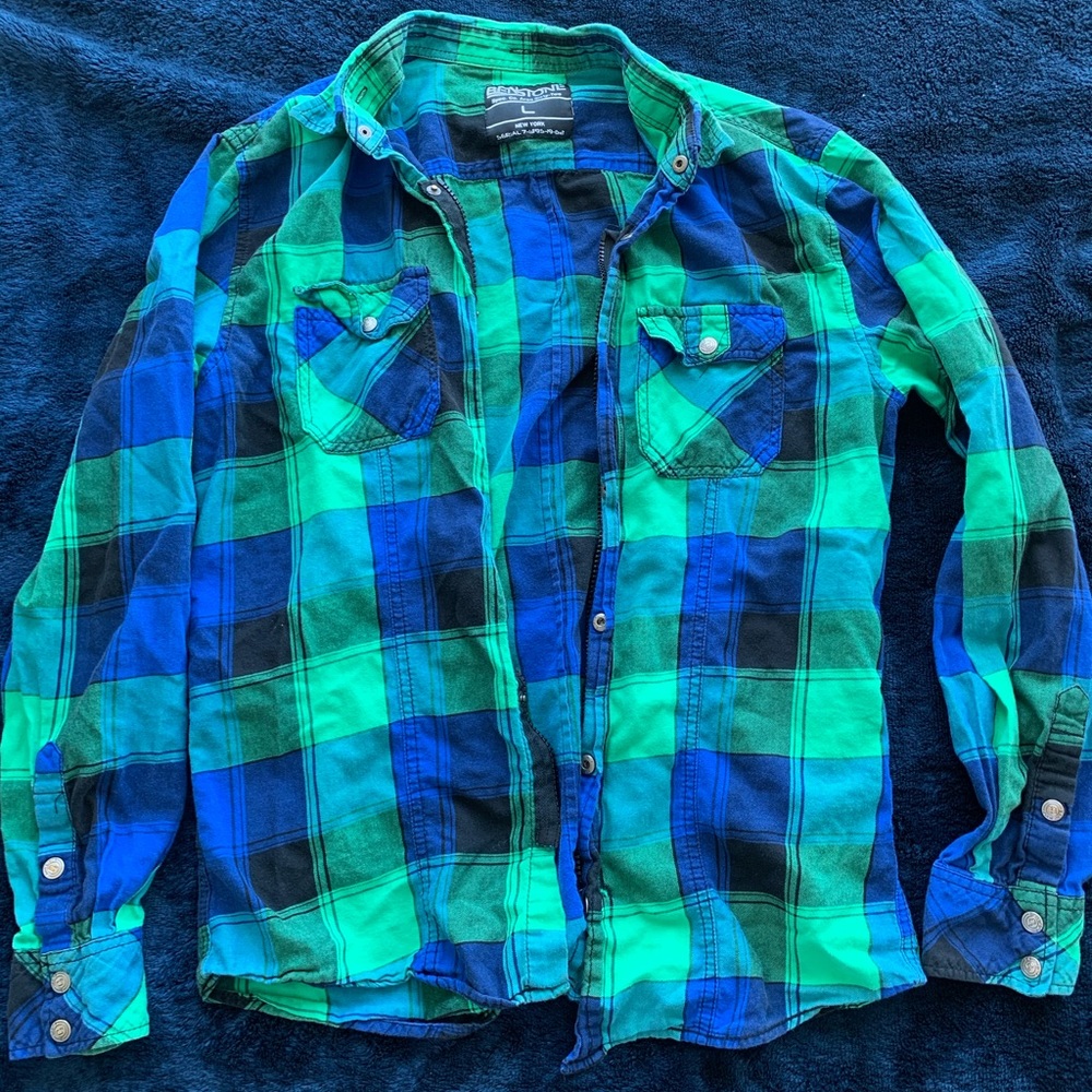 Oversized shirt, size L, green and blue